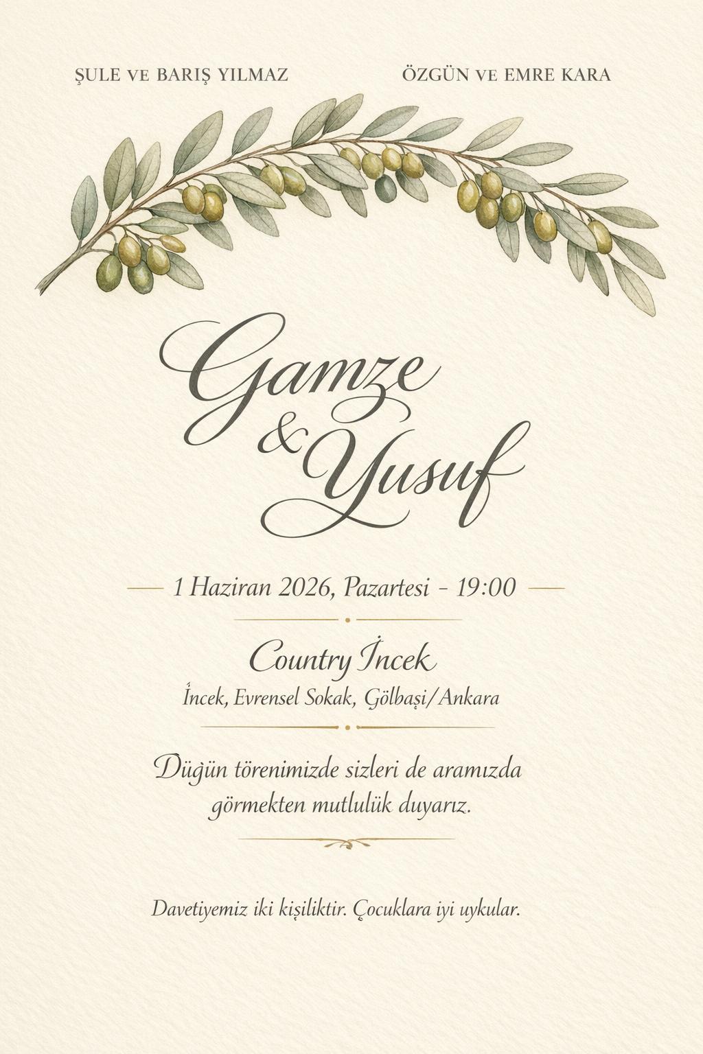 Zeytin dalı temalı davetiye