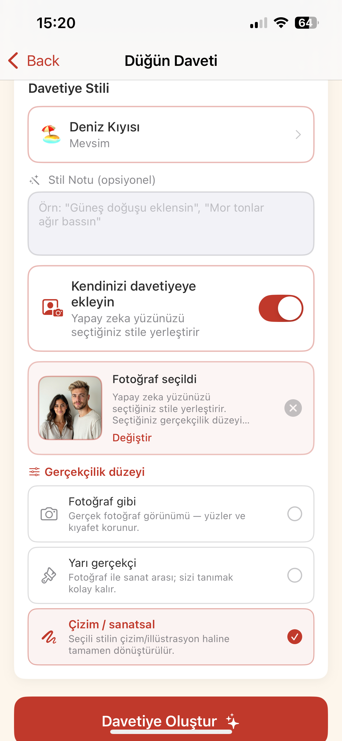 Davetiyeye fotoğraf ekleme ekranı