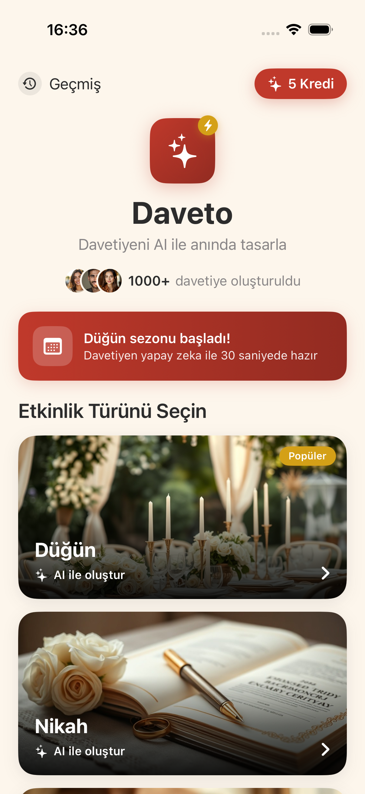 Etkinlik seçim ekranı